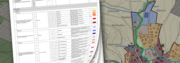 Illustration mit Ausschnitt aus der Zonensystematik des Datenmodells und einem Nutzungsplan im Hintergrund